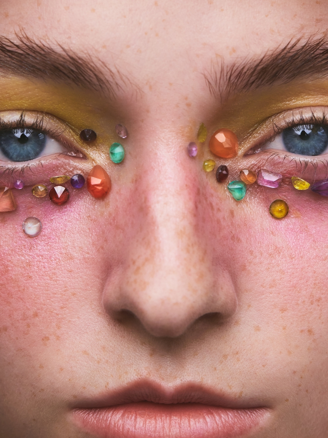 Close-up studio shot of a person's face with bright blue eyes and decorative gemstones around the eyes, paired with creative yellow eye shadow.