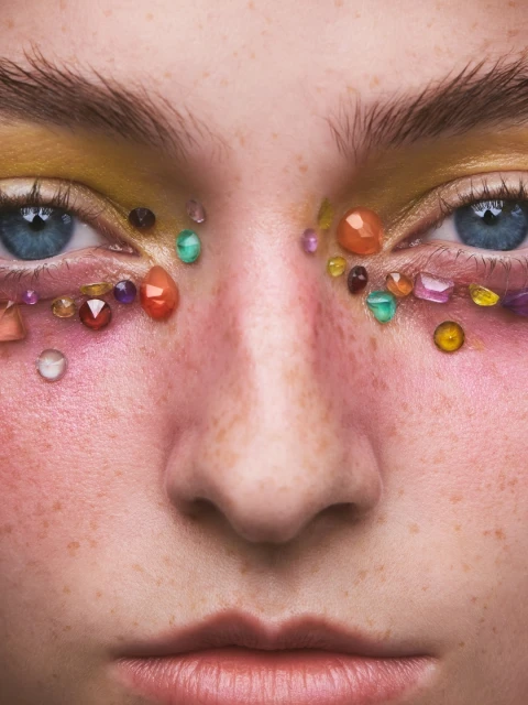 Close-up studio shot of a person's face with bright blue eyes and decorative gemstones around the eyes, paired with creative yellow eye shadow.