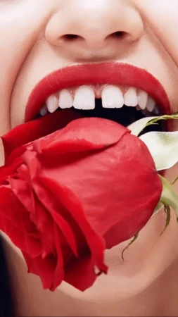 Close-up of a person with red lips and a visible gap in their front teeth holding a red rose in their mouth