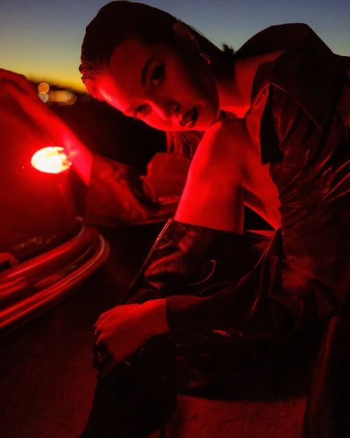 A woman poses in a dark, moody scene with red lighting, wearing a dark dress and boots, next to a vintage bumper car with a red light.