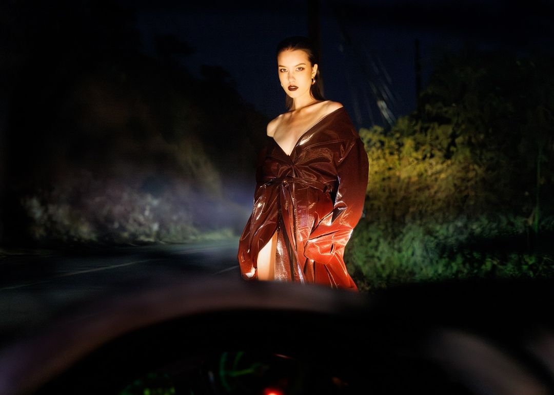 Adult woman in a red robe stands in the road with trees in the background, car dashboard in the foreground, and headlight glare.