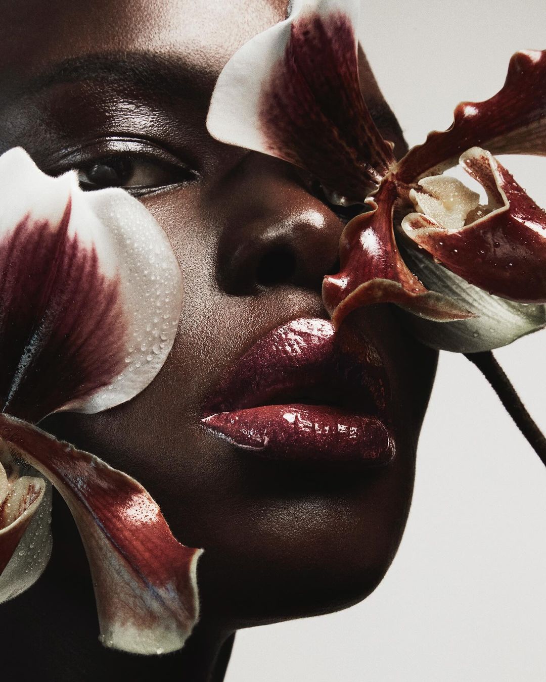Close-up of a Black woman with glossy lips, surrounded by orchid flowers, showcasing beauty and skincare in a studio setting.
