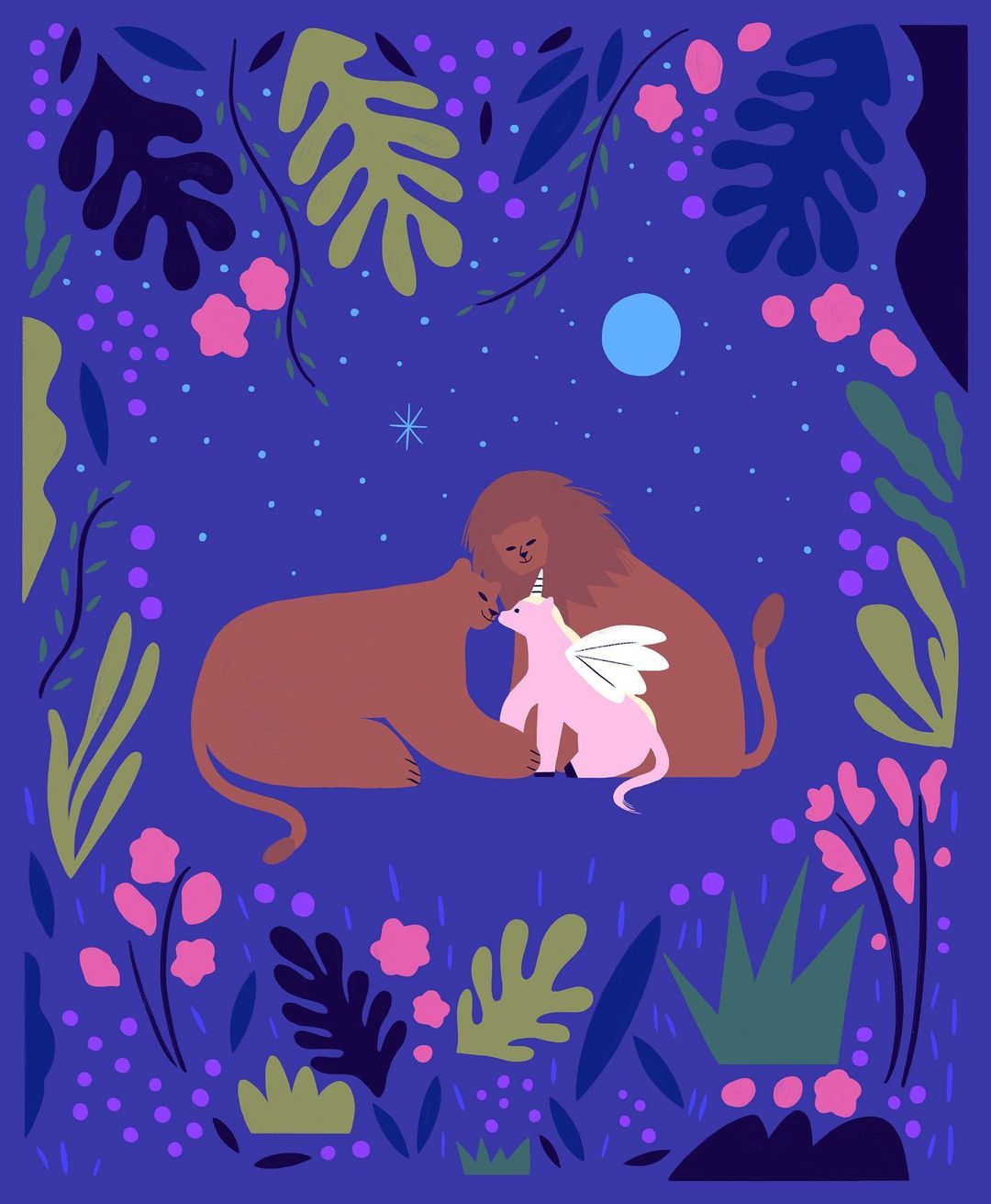 Illustrated scene of a lion and unicorn embracing against a dark blue background with a variety of foliage, flowers, and a star.