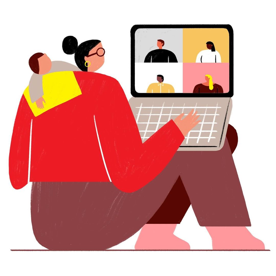 Illustration of a woman in red with a laptop and baby in a video call with three colleagues. Illustration style image.