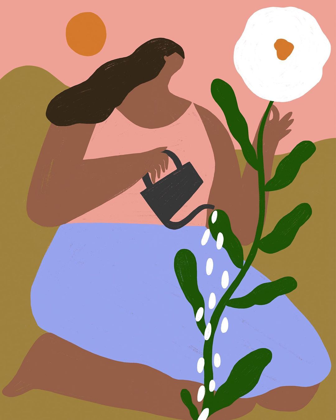 Illustration of an adult female watering a flower; she's kneeling in a field with a black watering can and large white flower with green stem.