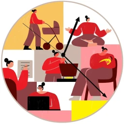 Circular editorial illustration by Josie Portillo depicting multiple women in daily activities segmented by clock hands