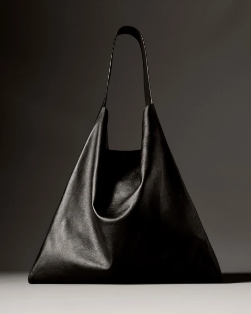Studio shot of a black leather tote bag with a triangular shape and long handles against a dark gray background with soft lighting.