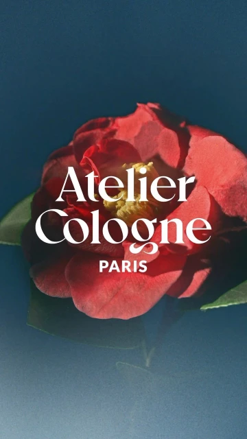 Red camellia flower close-up on dark blue background, Atelier Cologne Paris logo; soft studio lighting, vertical composition for product promotion.