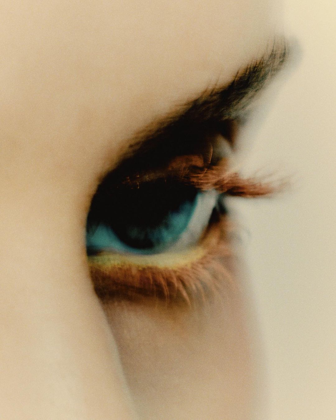 Macro, blurred, close-up shot of a person's eye. The eye features a blue iris, brown eyelashes, and a soft skin tone.
