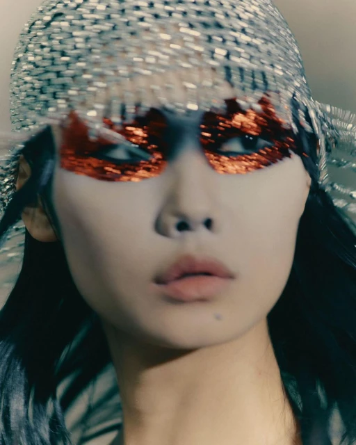 Woman with sparkling silver headpiece and glittery orange eye makeup looking off-camera with neutral expression and dark hair.