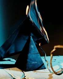 A dark pyramid object on fire with blue lighting and flames rising above, photographed by Joss Mckinley.