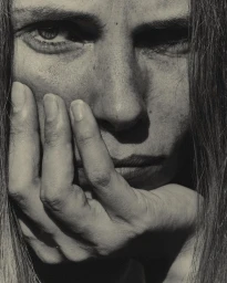 Close-up monochrome portrait of a woman resting her chin on her hand, featuring high-contrast directional lighting.