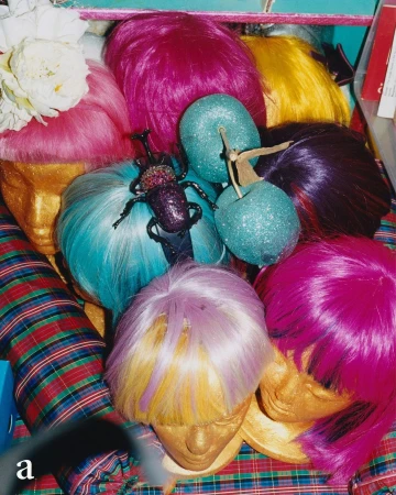 Collection of mannequin heads with colorful wigs, decorative fruits, and a jeweled insect, creating a playful and whimsical display.