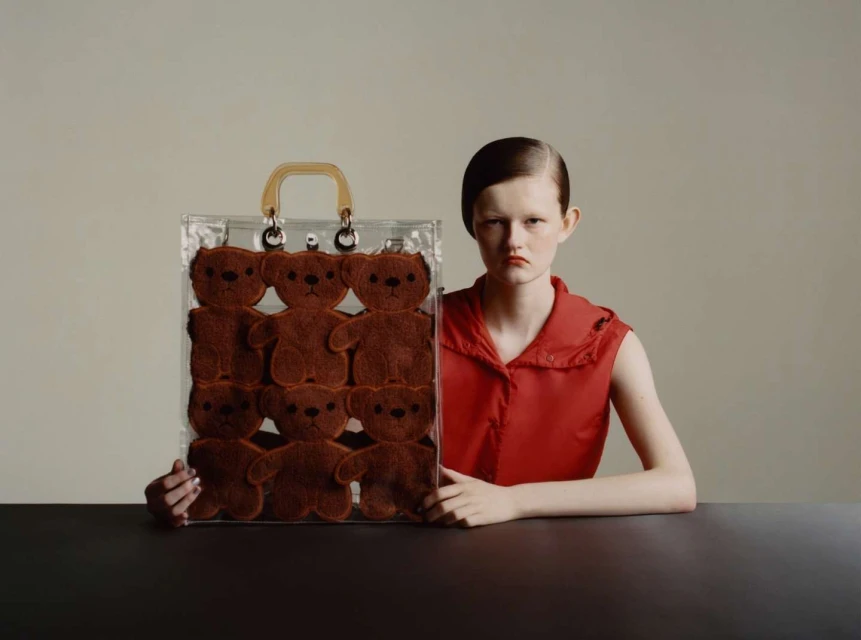 Fashion shot of a young adult woman with a red top, holding a clear tote bag filled with brown teddy bear toys in a studio setting.
