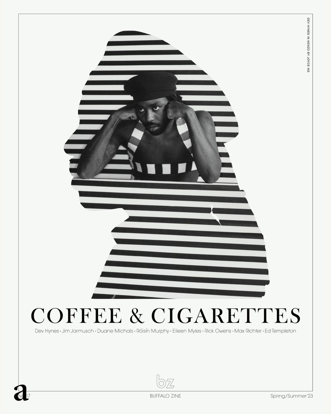 Monochromatic magazine cover featuring an adult male framed within a striped face silhouette. He wears a cap and tank top.