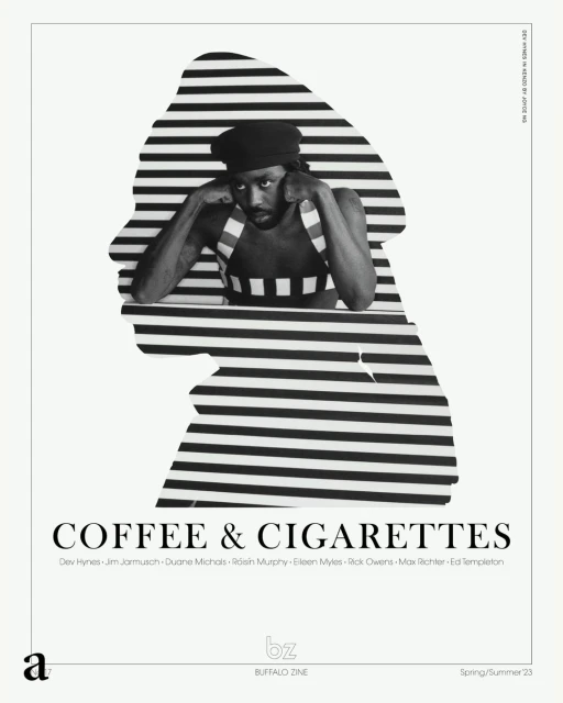 Monochromatic magazine cover featuring an adult male framed within a striped face silhouette. He wears a cap and tank top.