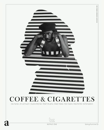 Monochromatic magazine cover featuring an adult male framed within a striped face silhouette. He wears a cap and tank top.