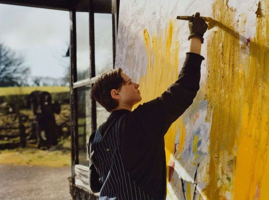 Young artist paints large-scale wall mural outdoors in rural setting. Painter works on art project with brush. Yellow and blue paint strokes.