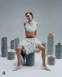 Model seated on a stack of plates wearing a ruffled white skirt and pastel top amidst columns of plates.