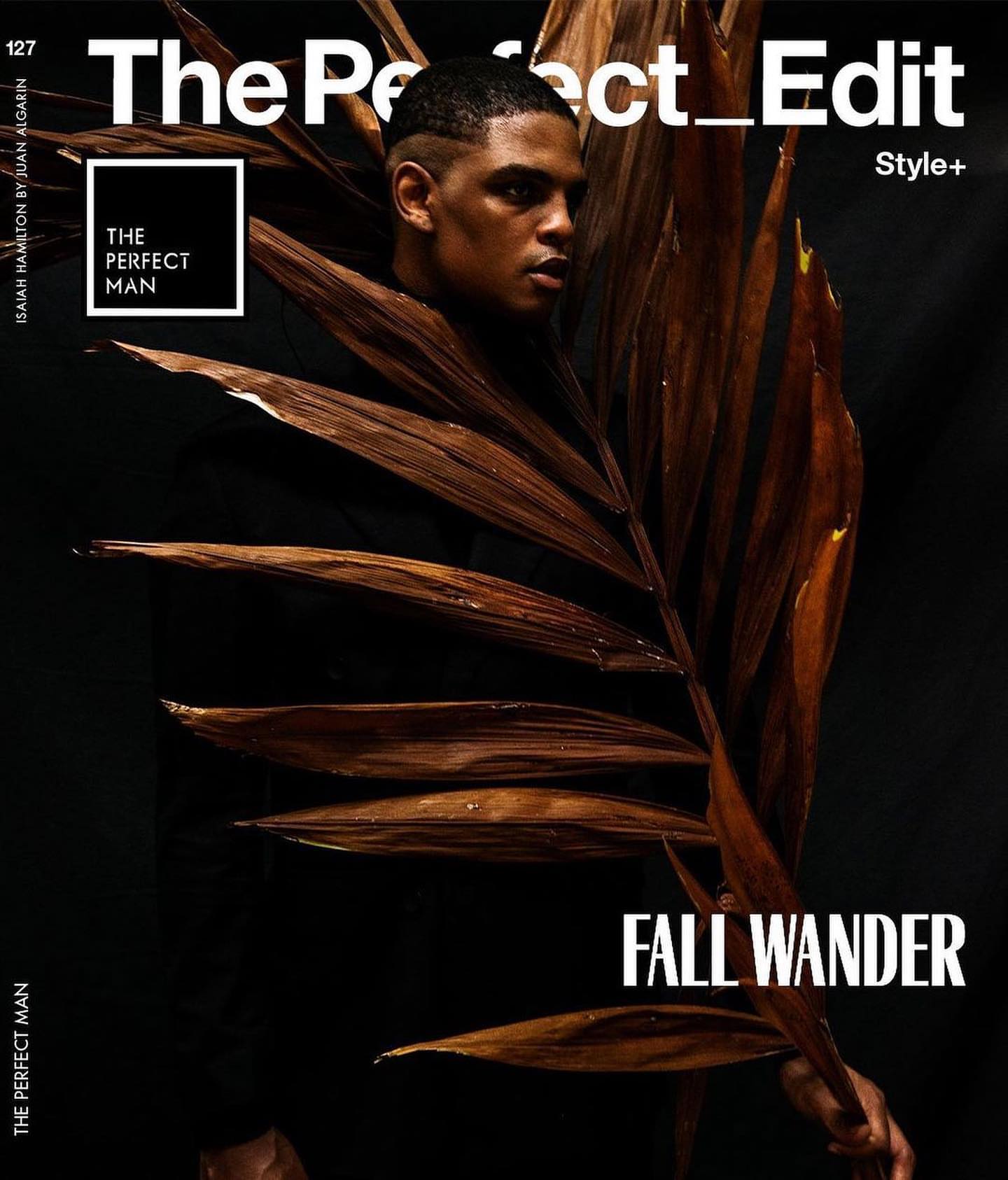 Magazine cover featuring a stylish man partially obscured by a dried palm leaf, with bold text overlay. Fashion, beauty, and editorial.