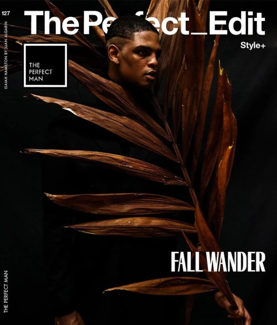 Magazine cover featuring a stylish man partially obscured by a dried palm leaf, with bold text overlay. Fashion, beauty, and editorial.
