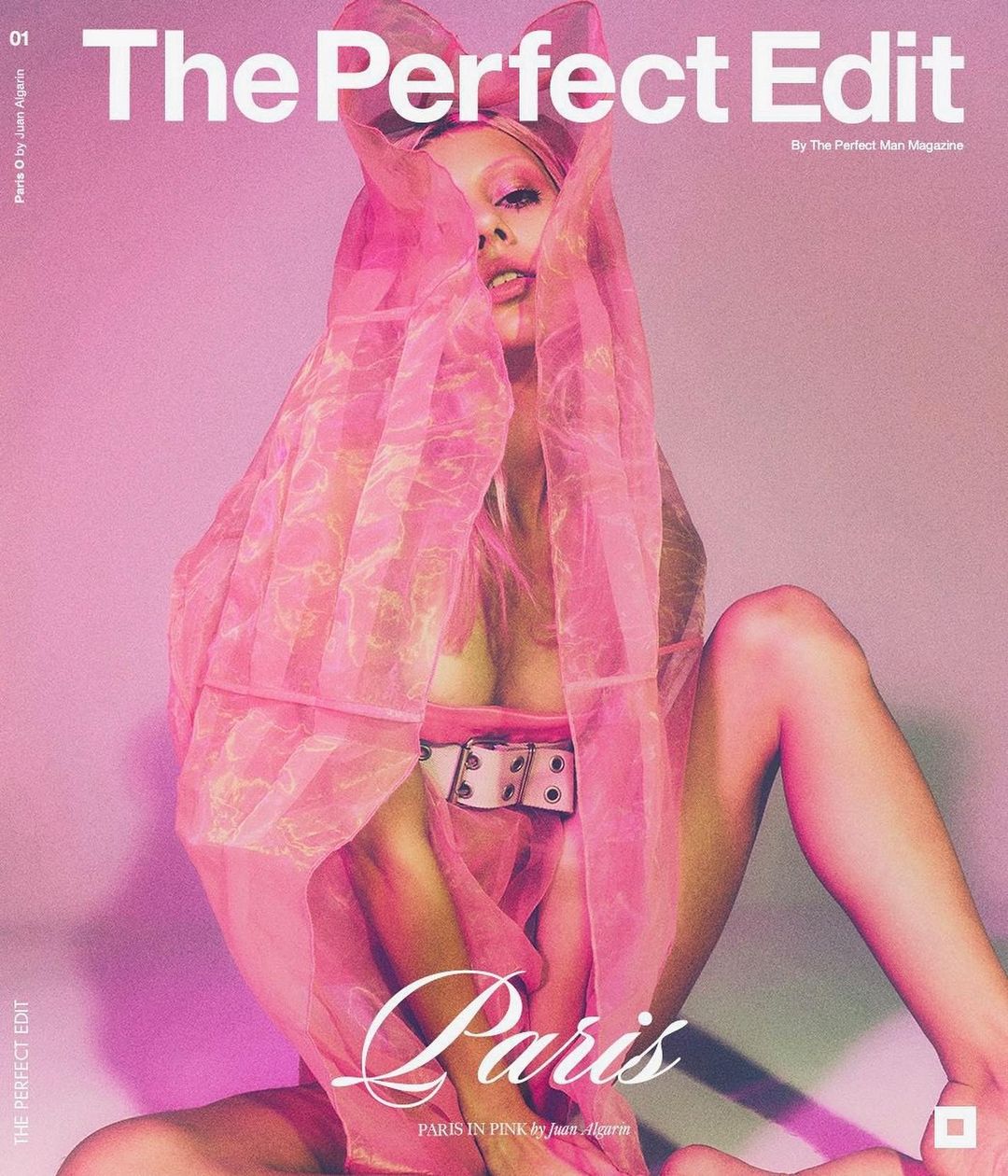 Magazine cover featuring a model in a pink sheer hooded robe, seated against a pink backdrop. Text includes 'The Perfect Edit' and 'Paris'.