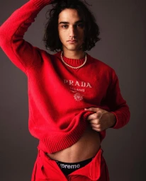 Young man with dark curly hair wearing a bright red sweater and pearl necklace against a dark grey background.