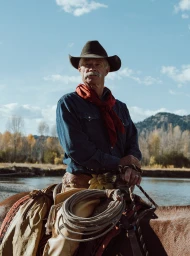 An older man in a cowboy hat and red neckerchief sitting on horseback outdoors near a river under a bright sky.