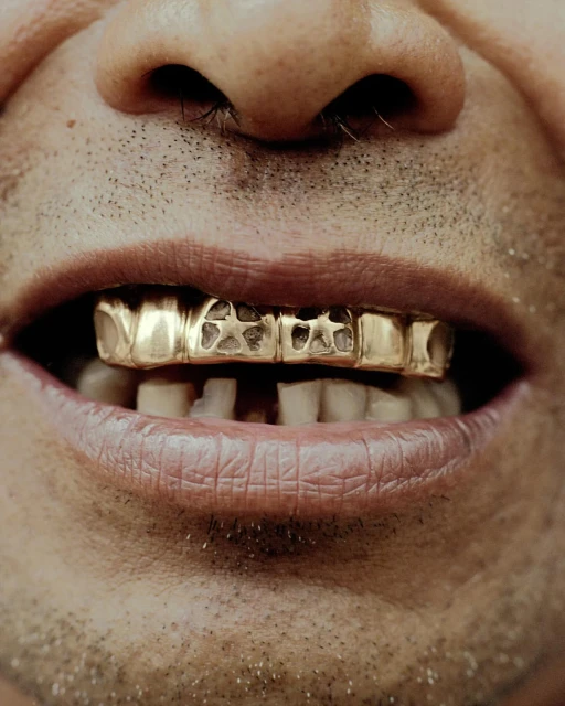 Close-up shot of an adult human face with gold grill teeth. The teeth grill features square shapes with star cutouts on an adult human. 