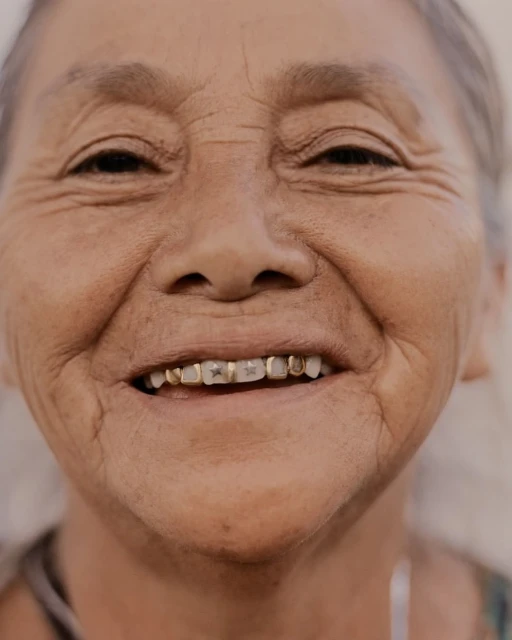 Close-up of an elderly woman smiling with gold dental crowns. Facial wrinkles are visible. Neutral background.