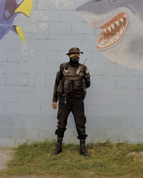 Armed security officer standing in front of a blue concrete wall painted with a large shark mural.