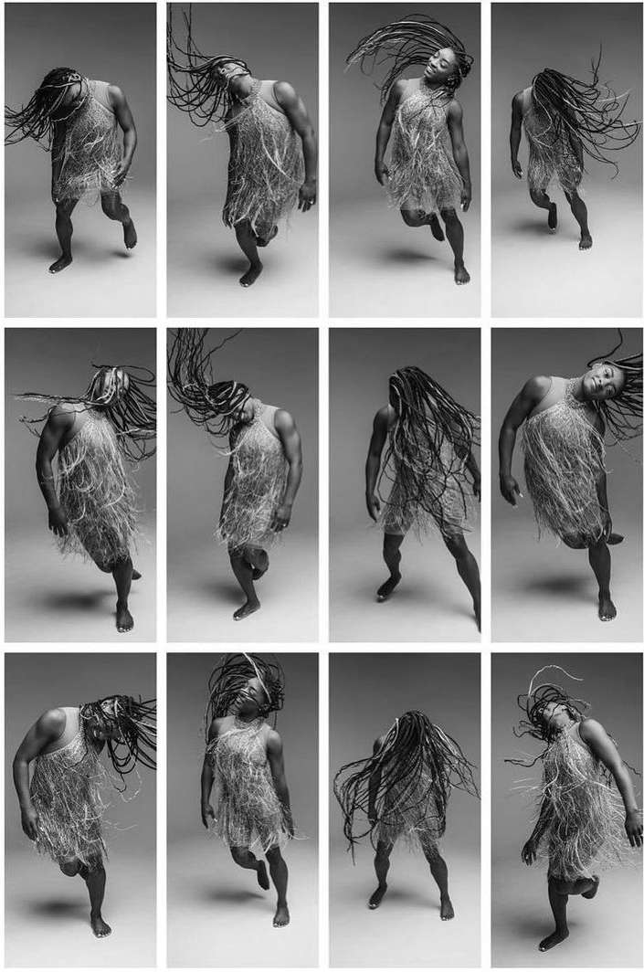 Twelve distinct frames show a Black individual in motion, wearing a fringe dress and long braids, set against a neutral background.