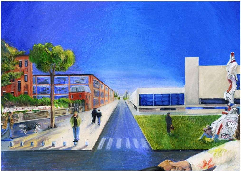 Artistic rendering of a street scene with pedestrians, modern buildings, and a blue sky, rendered in a painterly style.