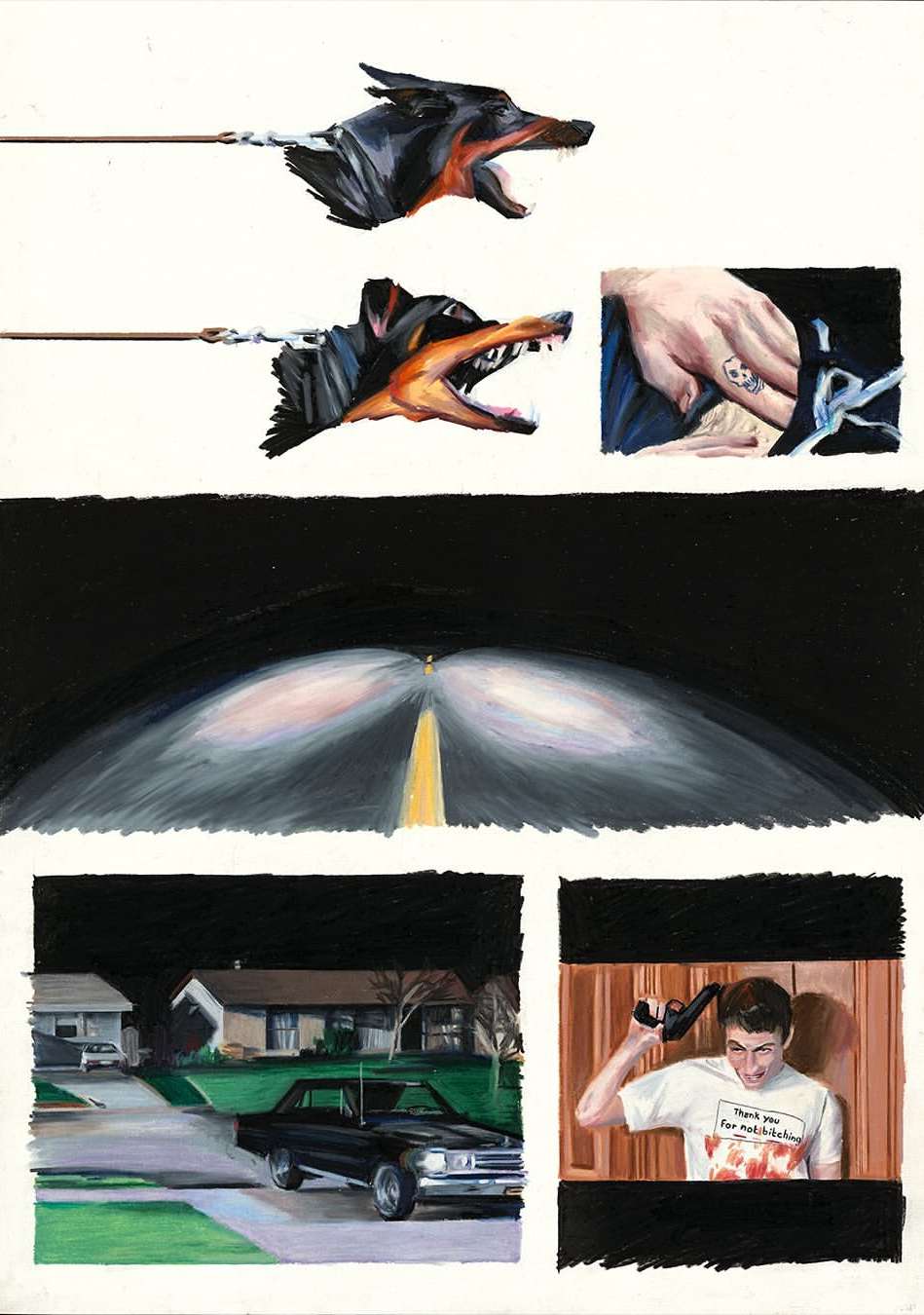 Illustration featuring a doberman dog head, a car parked in front of a suburban house, and a man pointing a gun at his head.