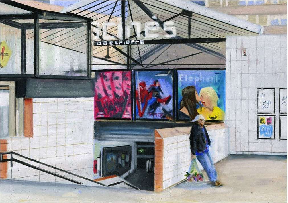 Painting of entrance to 'St-Théres' metro station in Paris; subway entrance features movie posters, and a person with flowers.