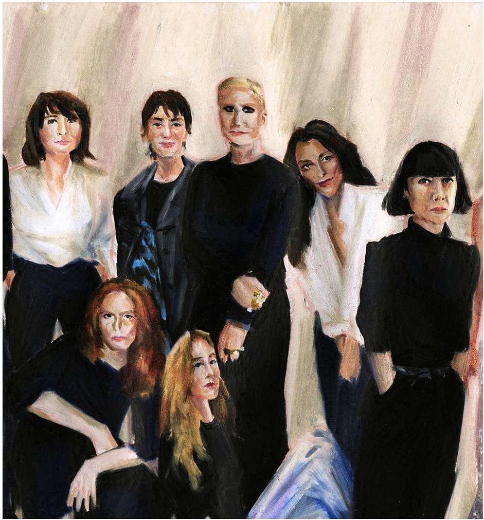 Painting of a group of eight adult women in a photo studio, wearing black or white tops, in a realistic style.