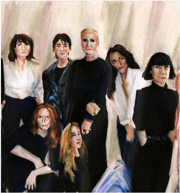 Painting of a group of eight adult women in a photo studio, wearing black or white tops, in a realistic style.