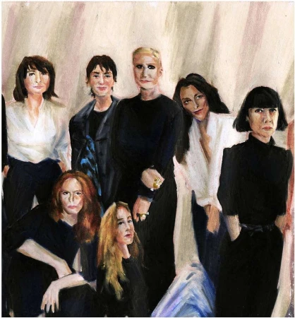 Painting of a group of eight adult women in a photo studio, wearing black or white tops, in a realistic style.