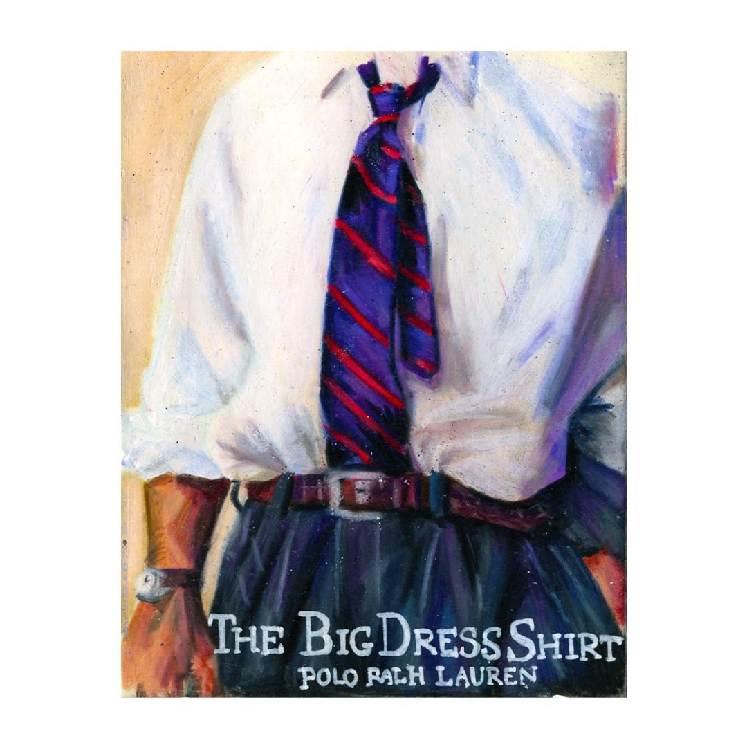 Oil painting of a white dress shirt with a striped tie, partially buttoned, paired with dark pants and a belt, presented against a neutral backdrop.
