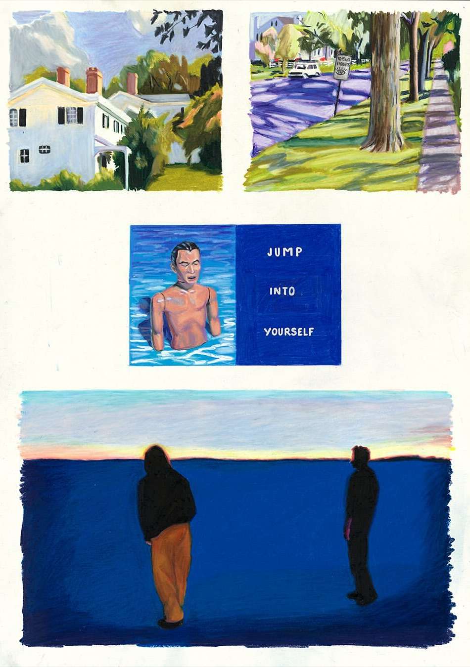 Artistic montage featuring a house, street scene, swimmer, and two silhouetted figures against a blue backdrop, creating a dreamlike ambiance.