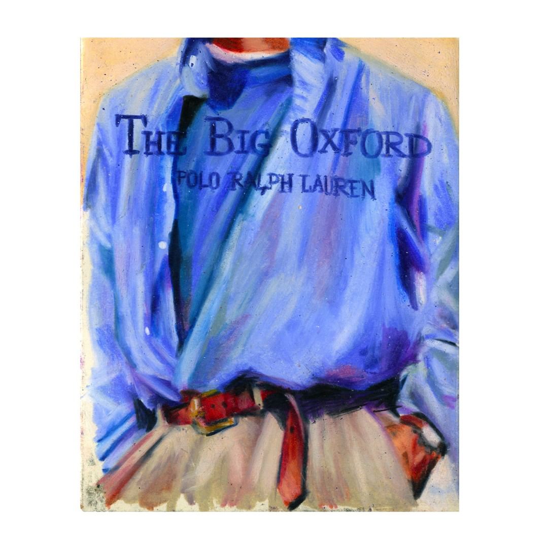 Painting of a person wearing a blue button-down shirt with the text "The Big Oxford" and "Polo Ralph Lauren" and red belt.