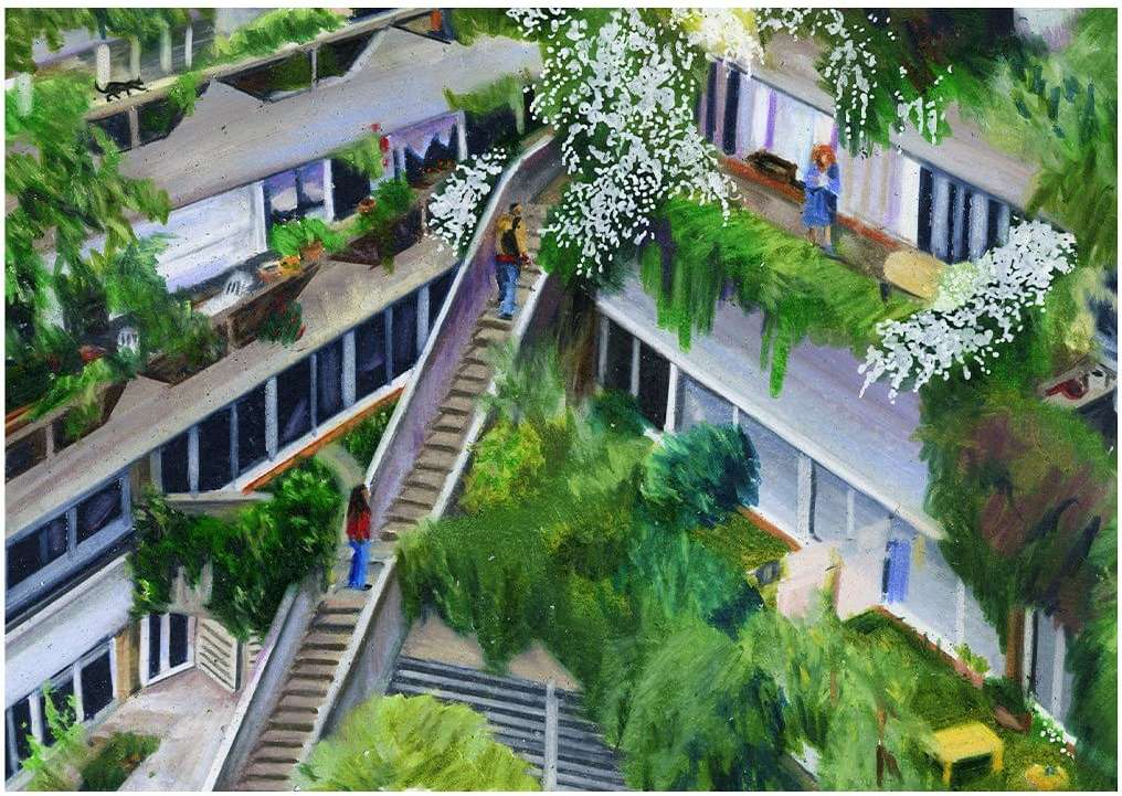 Painting of a multi-level apartment complex with walkways, greenery, and people walking and standing on balconies.