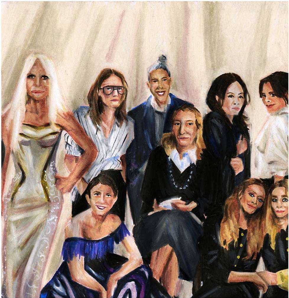 Painted portrait of a group of women posing indoors with draped background, capturing their individual styles and collective presence.