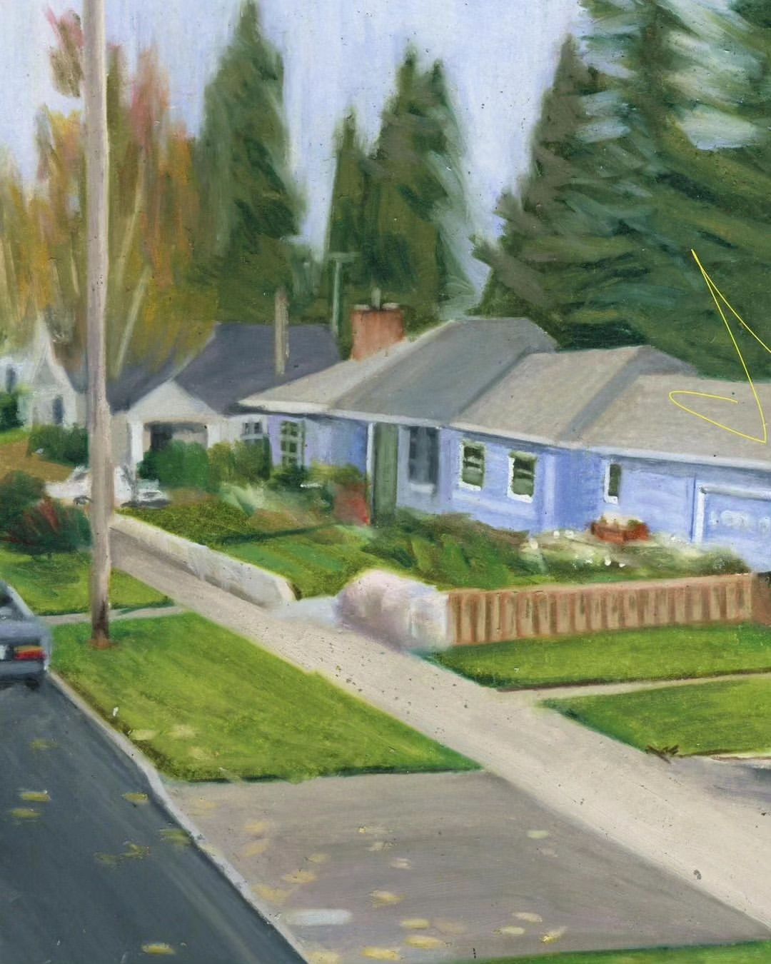 Painting of a residential street with blue houses, green lawns, and mature trees under a cloudy sky, rendered in a soft, impressionistic style.
