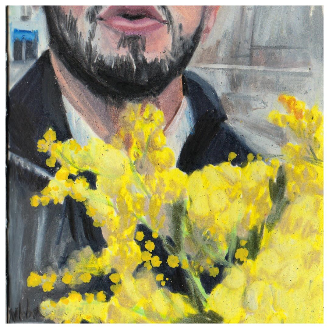 Close-up illustration by Jules Magistry of a man holding a vibrant bouquet of yellow mimosa flowers.