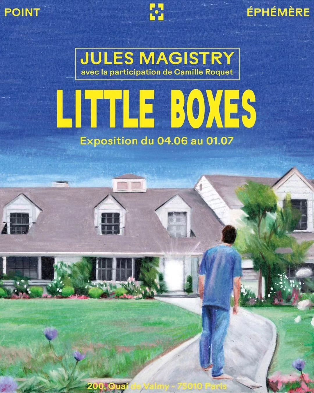 Painting of a person walking toward a house under a blue sky, surrounded by a green lawn and trees, advertising an art exhibition.