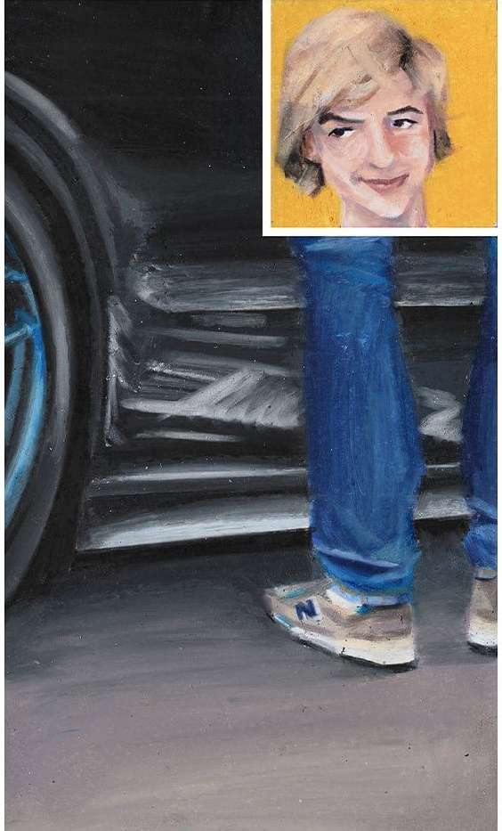 Painted artwork of a person in jeans and sneakers standing near a black car, portrait of a person with blond hair in the upper right corner.