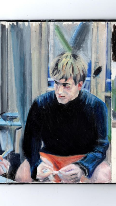 Painting of a young adult male with brown hair in a black shirt and orange shorts sitting in front of a blue and white background.