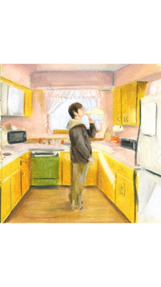 Illustration of a young adult drinking from a bowl in a kitchen with yellow cabinets, green oven and beige walls, under window.