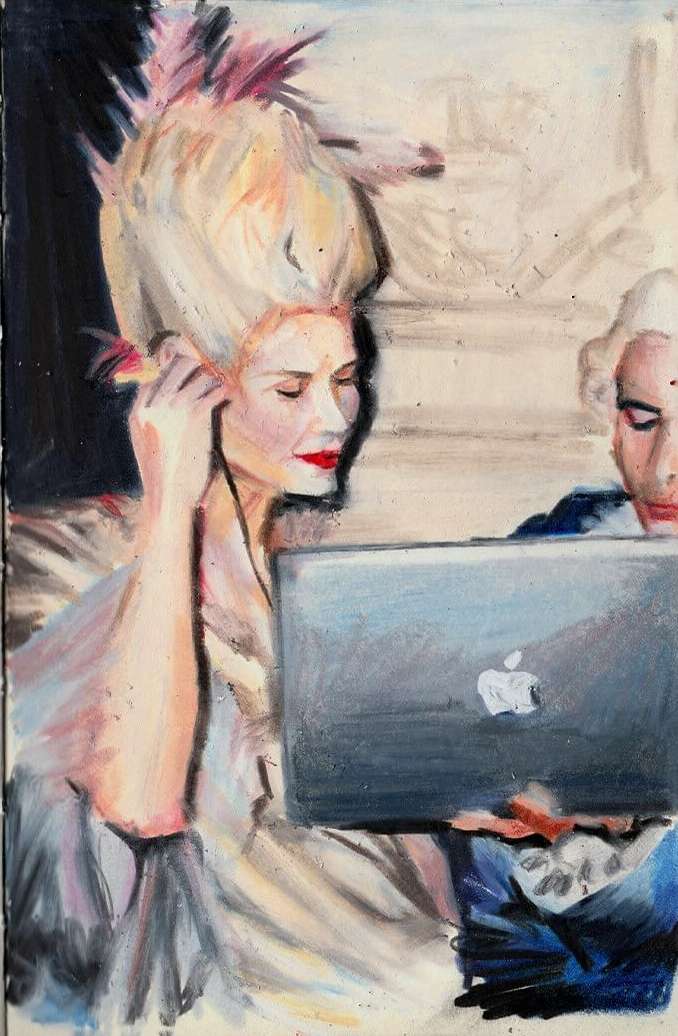Painting of two people in historical attire using a modern laptop, in a pastel color palette with an illustration technique.